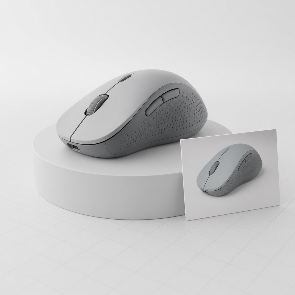A product concept 3D model reconstructed from a reference photo, shown on a pedestal